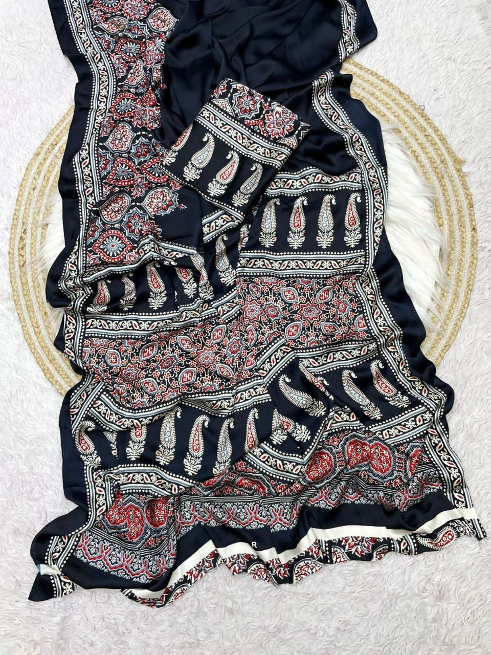 Pure Crepe Satin Ajrak Printed Saree with Rich Pallu