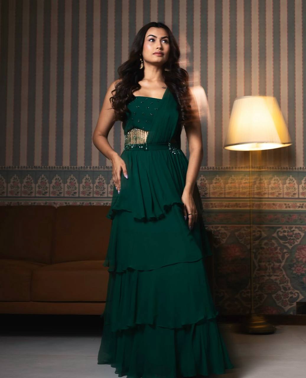 Emerald Green Georgette Lehenga Set with Cutdana Blouse