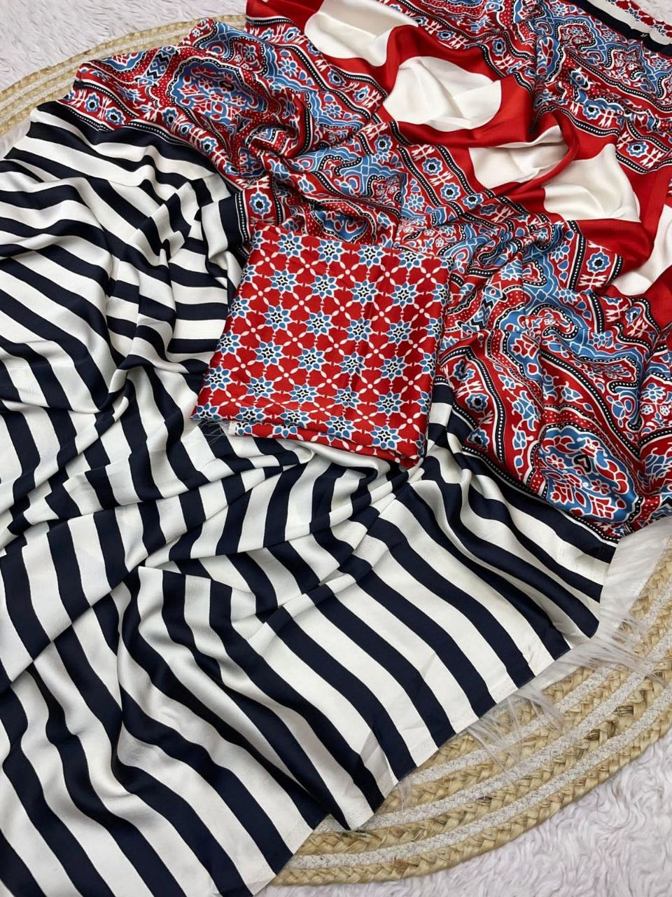 Pure Crepe Satin Ajrak Printed Saree with Rich Pallu