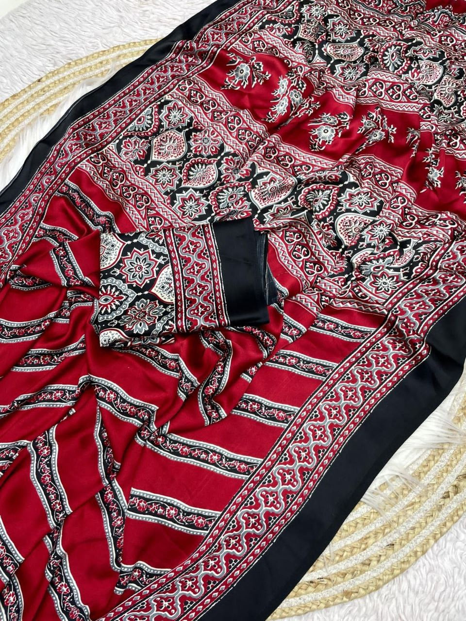 Pure Crepe Satin Ajrak Printed Saree with Rich Pallu