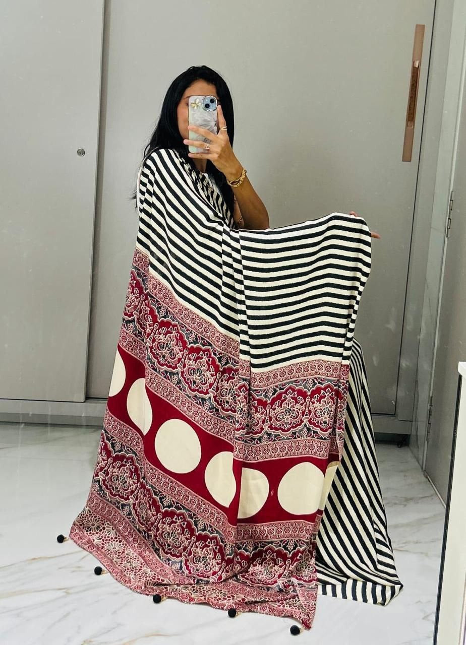 Pure Crepe Satin Ajrak Printed Saree with Rich Pallu