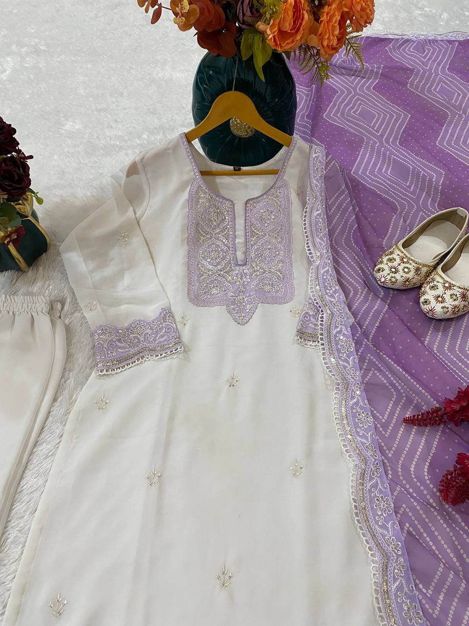 Elegant Georgette Embroidered Kurti Set with Printed Dupatta