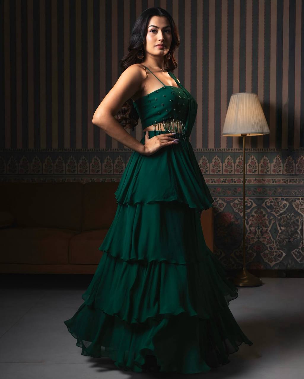 Emerald Green Georgette Lehenga Set with Cutdana Blouse