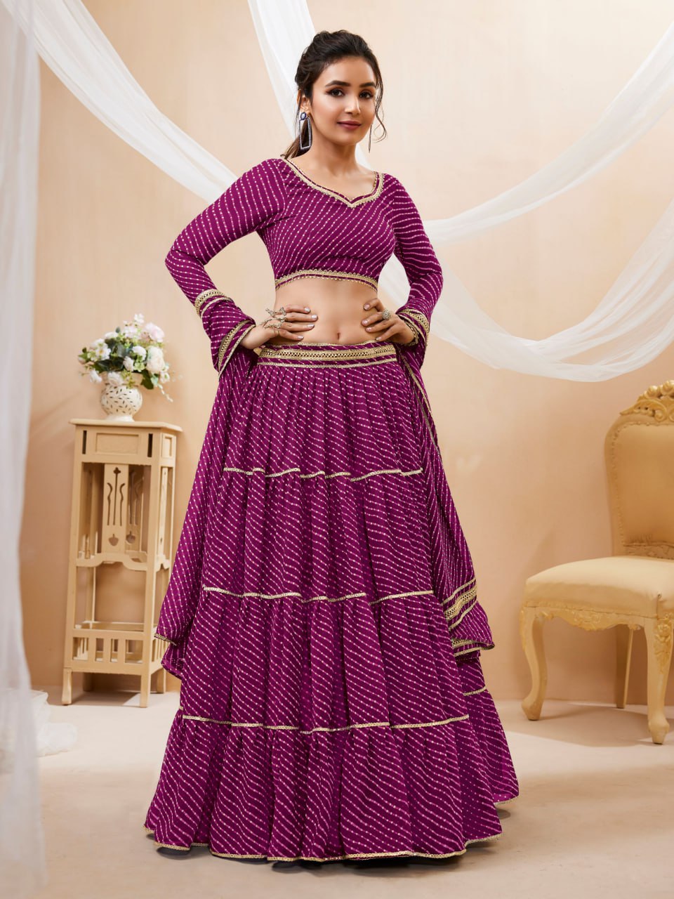 Semi-Stitched Georgette Lehenga Set with Blooming Leheriya Print