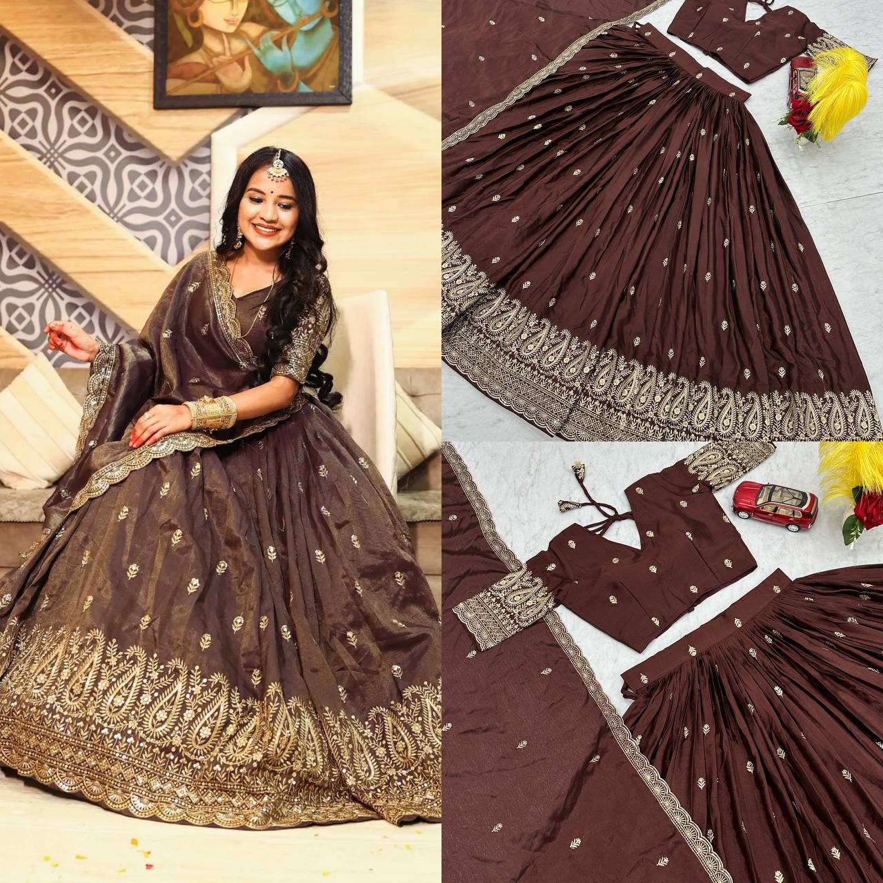 Heavy Embroidered Chinon Lehenga Set with Dupatta