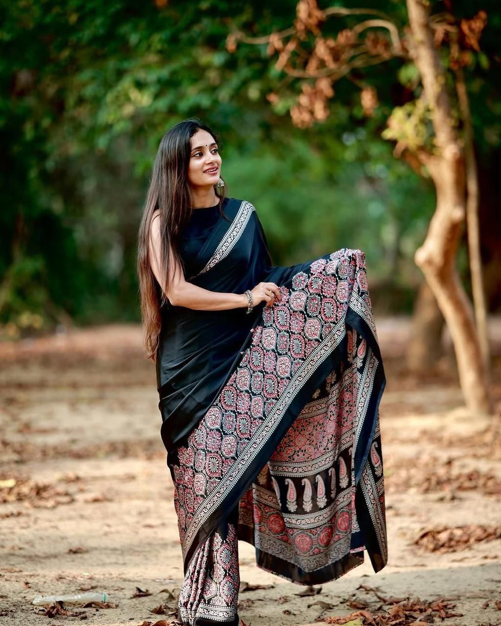 Pure Crepe Satin Ajrak Printed Saree with Rich Pallu