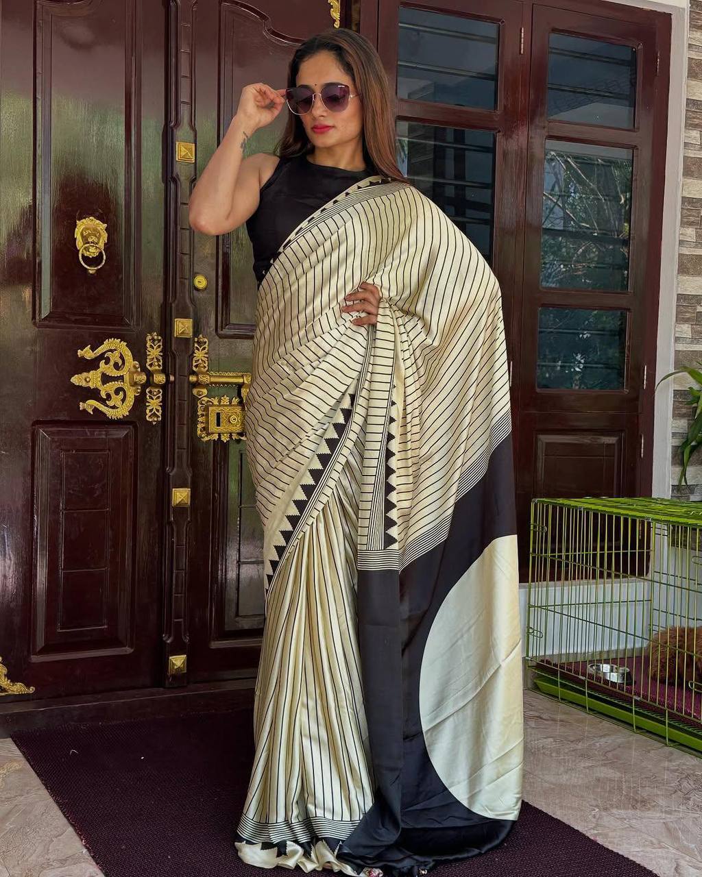 Ethnic Saree Designed with Ajrakh Pattern on Semi Gaji Silk