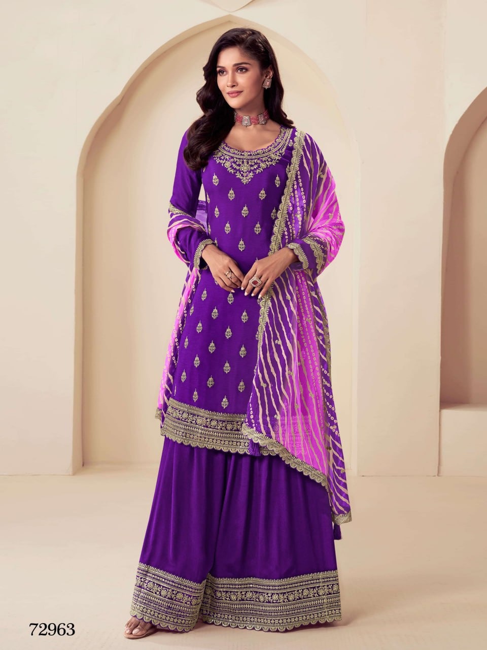 Heavy Chinon Semi-Stitched Embroidered Top &amp; Plazo Set with Dupatta