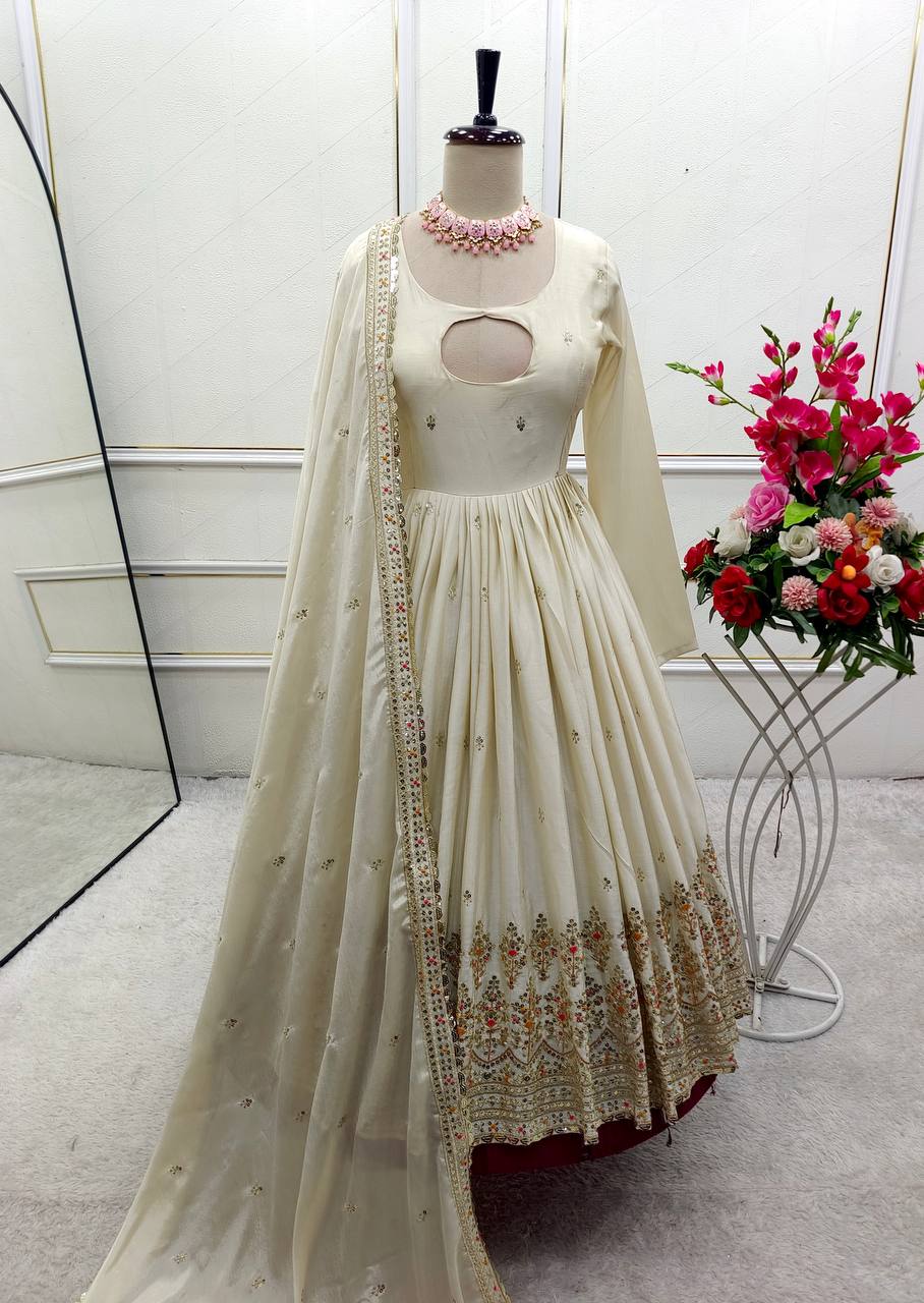 Elegant Pure Chinon Silk Gown Set with Heavy Embroidery Work