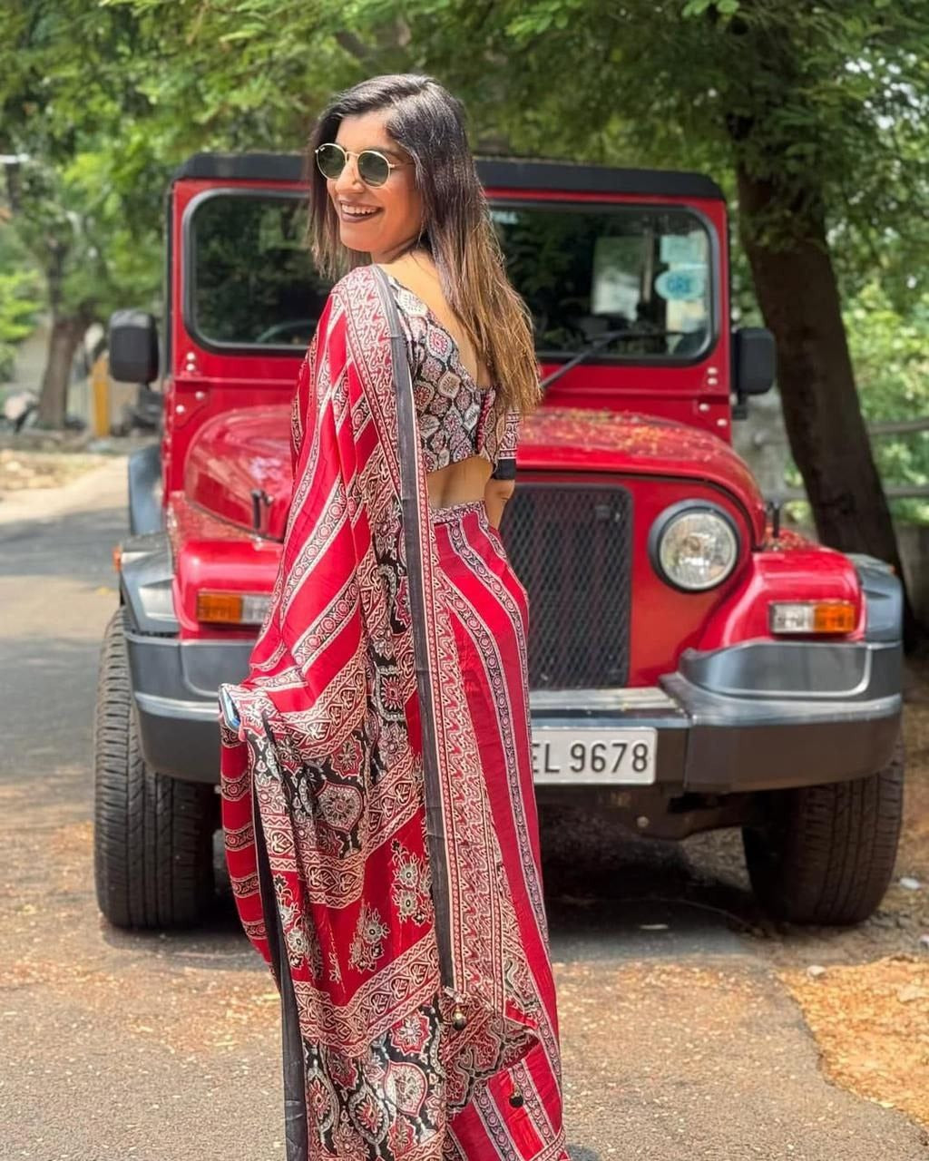 Pure Crepe Satin Ajrak Printed Saree with Rich Pallu