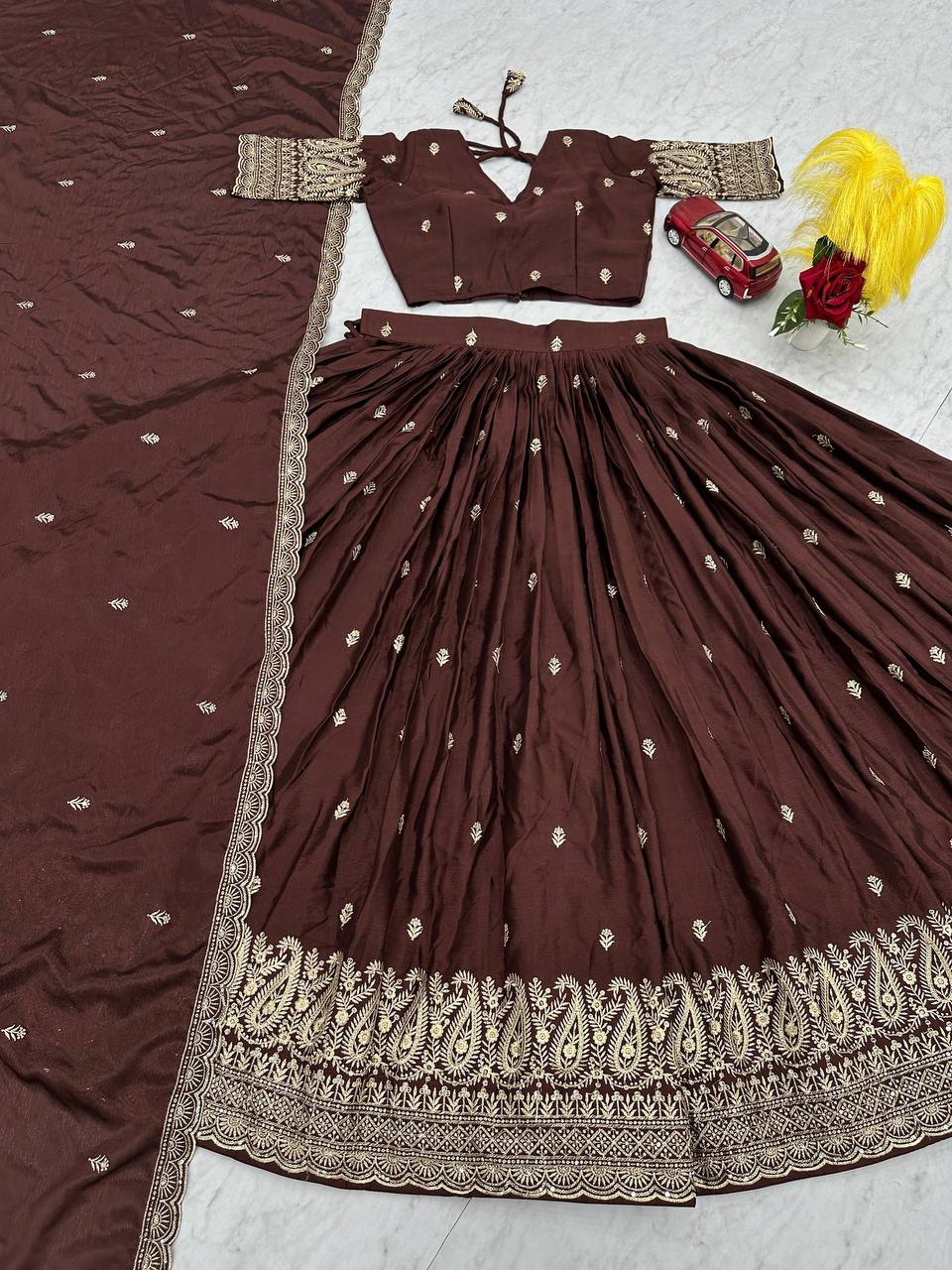 Heavy Embroidered Chinon Lehenga Set with Dupatta