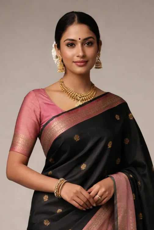 Woman wearing a black saree with gold patterns and pink blouse against a neutral background