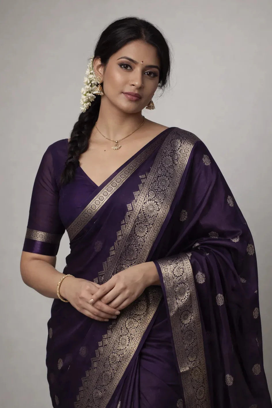 Woman wearing a purple saree with gold border on a gray background