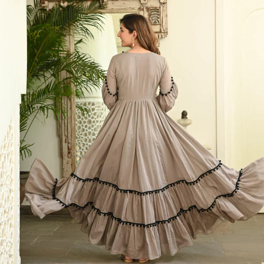 BROWN LONG FLARED BEAUTIFUL DRESS