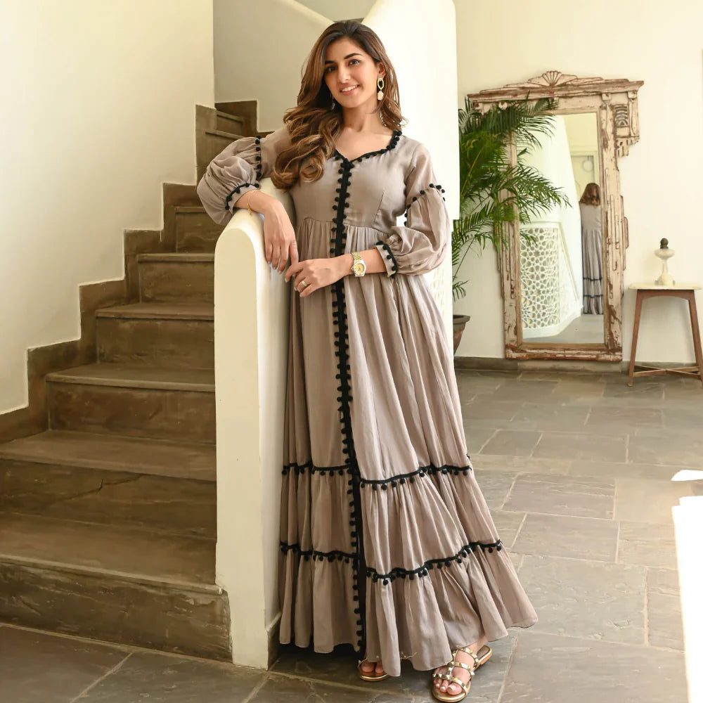 BROWN LONG FLARED BEAUTIFUL DRESS