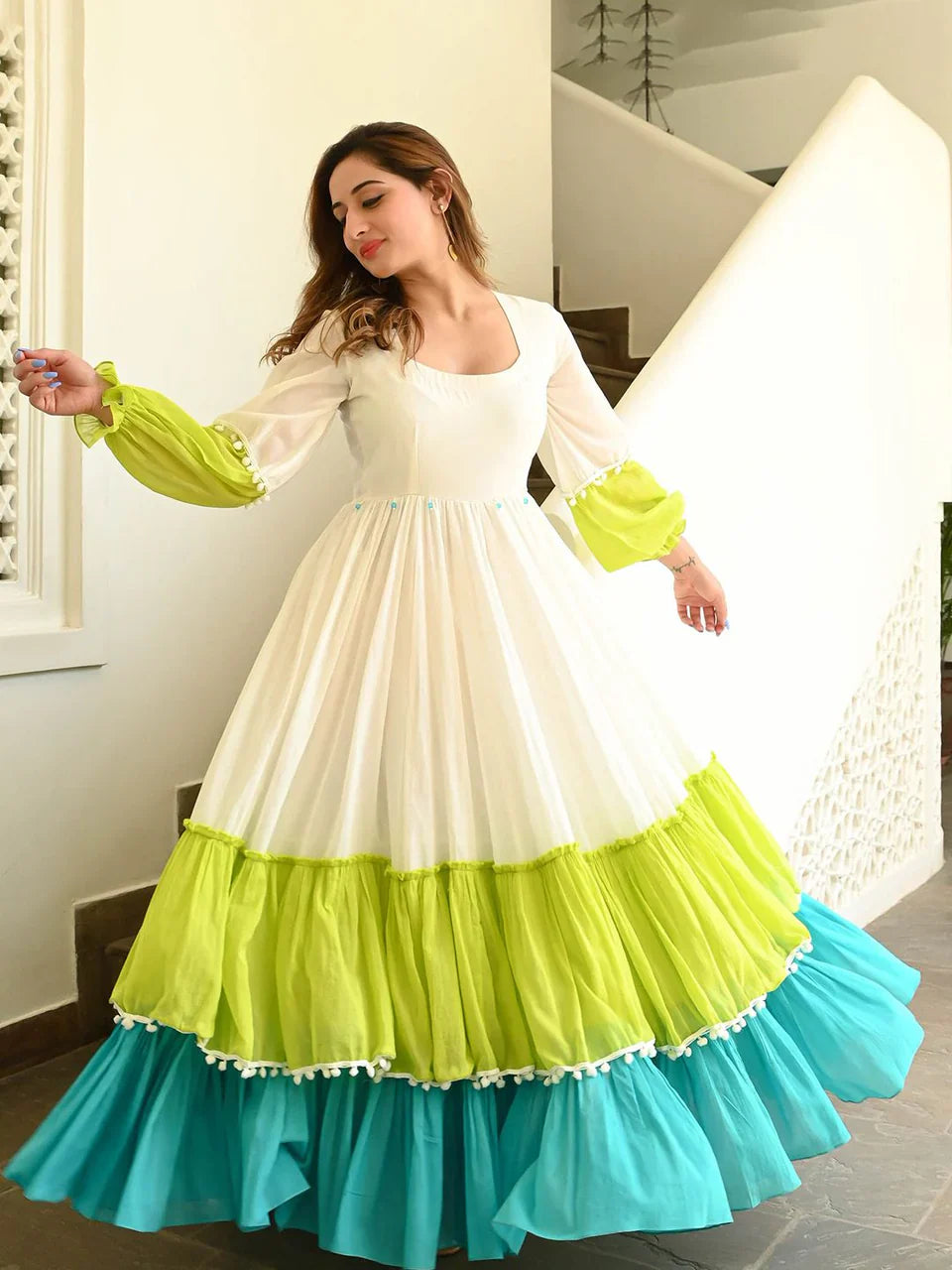 Multicolor Tiered Flared Long Dress