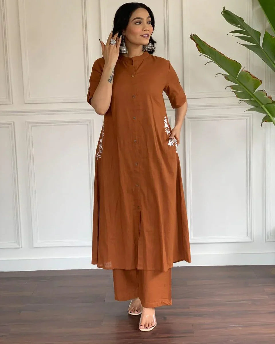 Rusty Brown Cotton Kurta Set With Pocket Side Embroidery