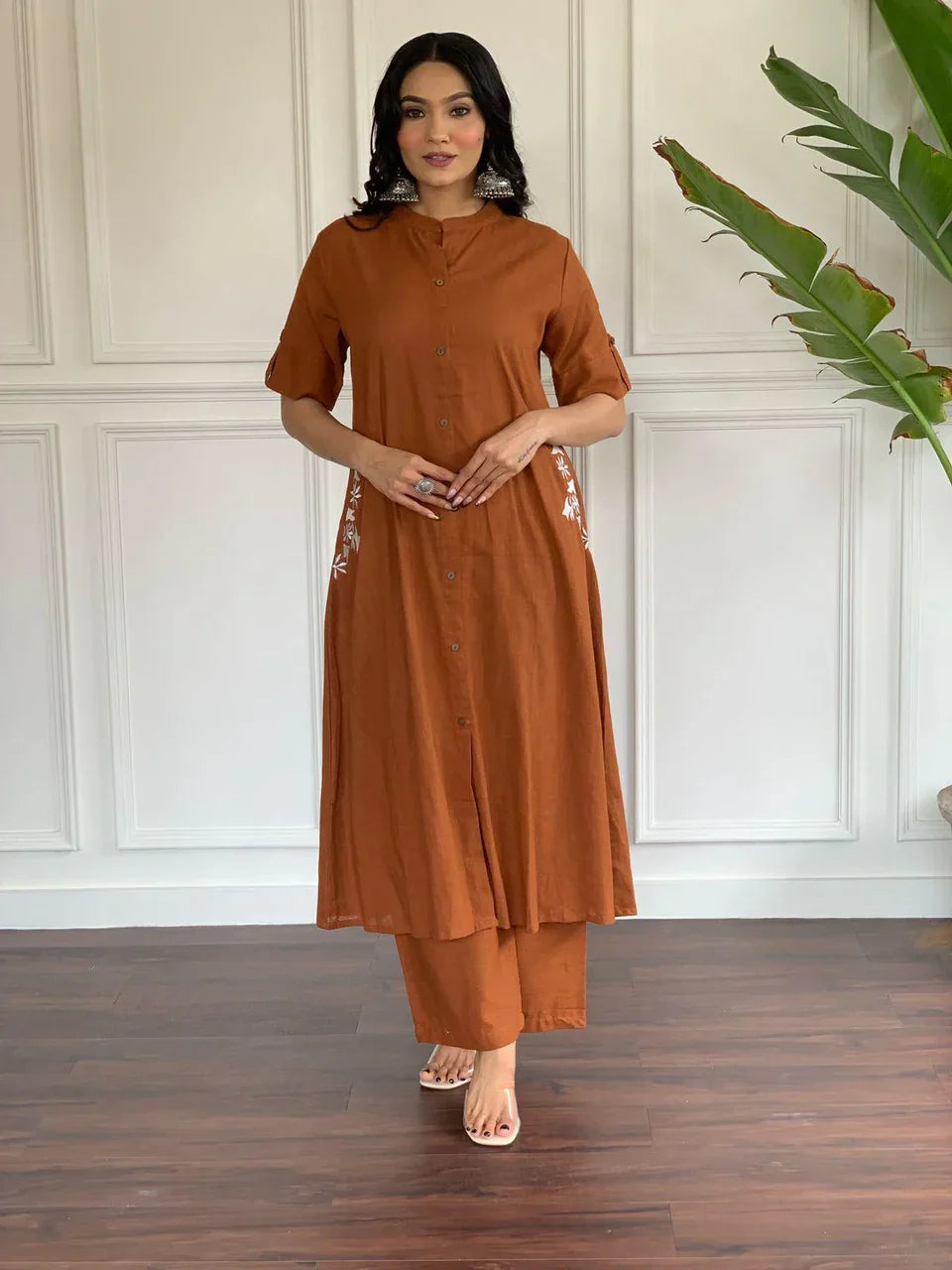 Rusty Brown Cotton Kurta Set With Pocket Side Embroidery