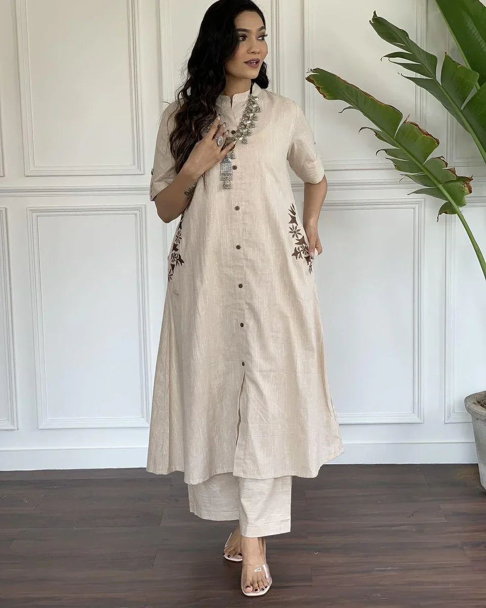 Beige Cotton Kurta Set with Floral Side Embroidery