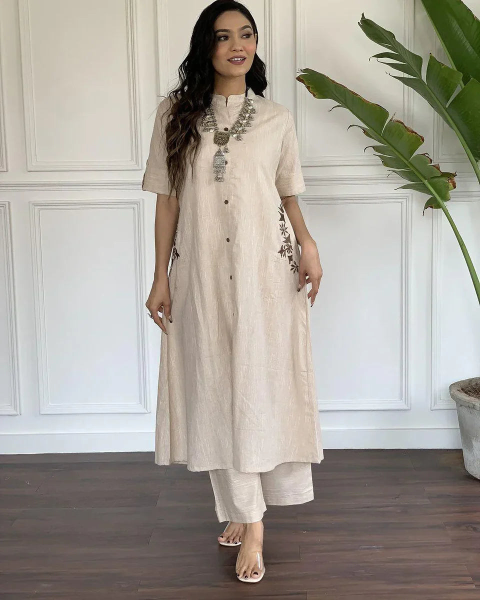 Beige Cotton Kurta Set with Floral Side Embroidery