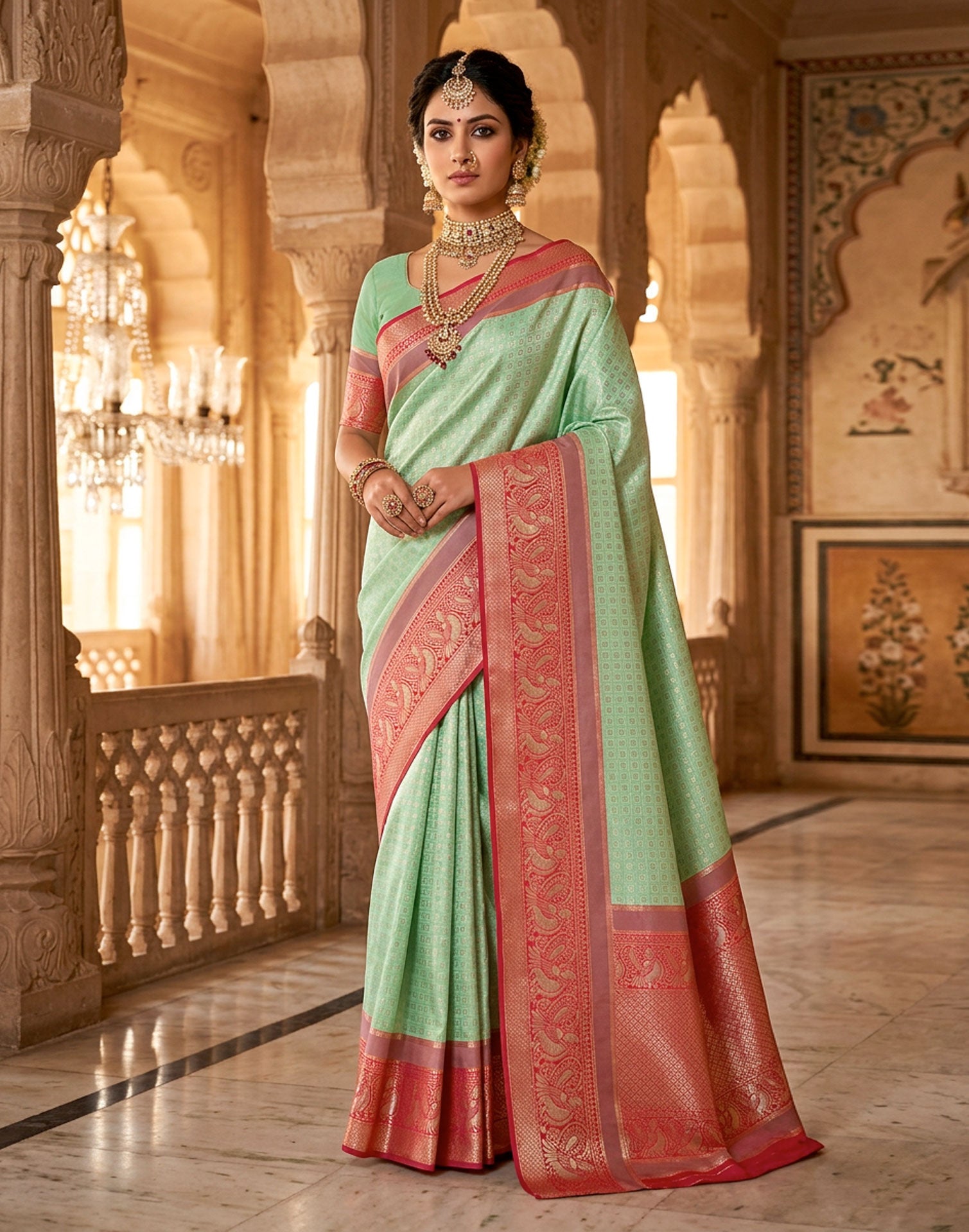 Royal Pink and Mint Green Silk Saree with Rich Zari Border