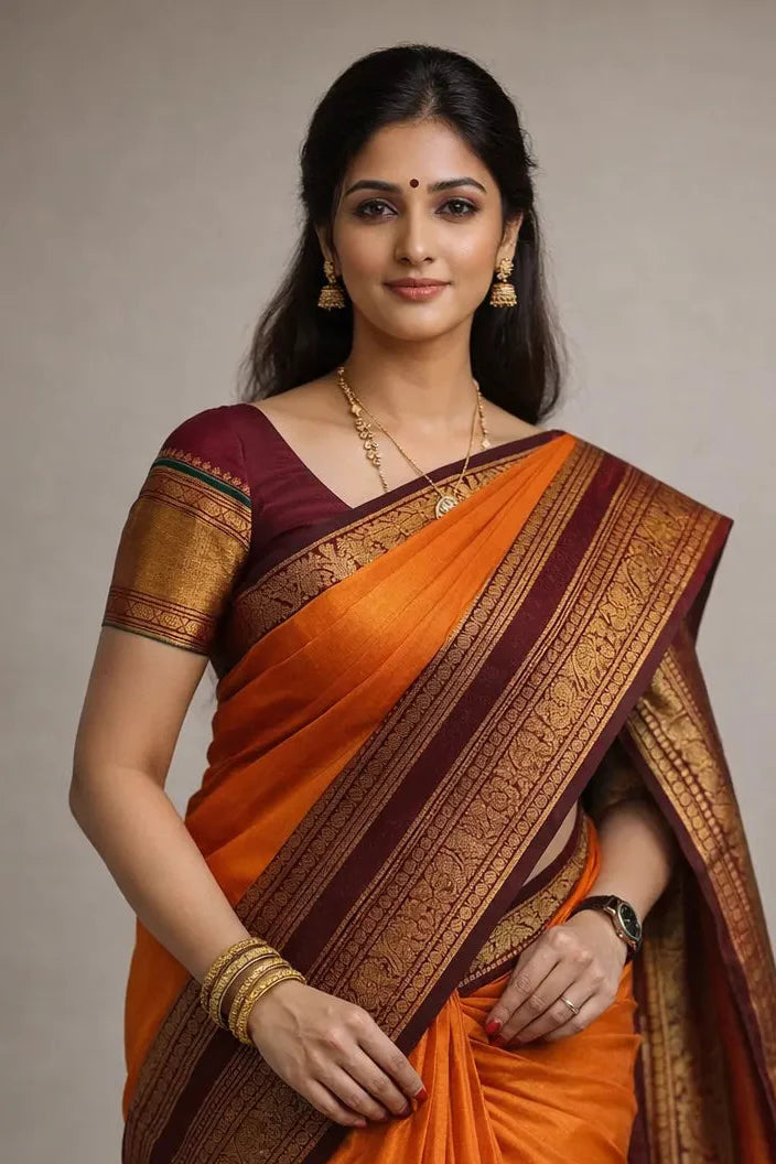 Woman wearing an orange saree with a brown border against a plain background