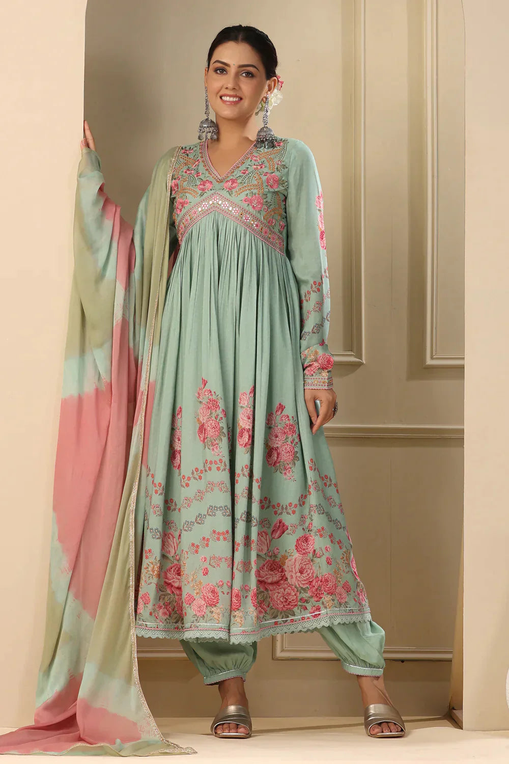 Sage Green Embroidered Floral Printed Muslin Anrkali Suit Set with Dupatta