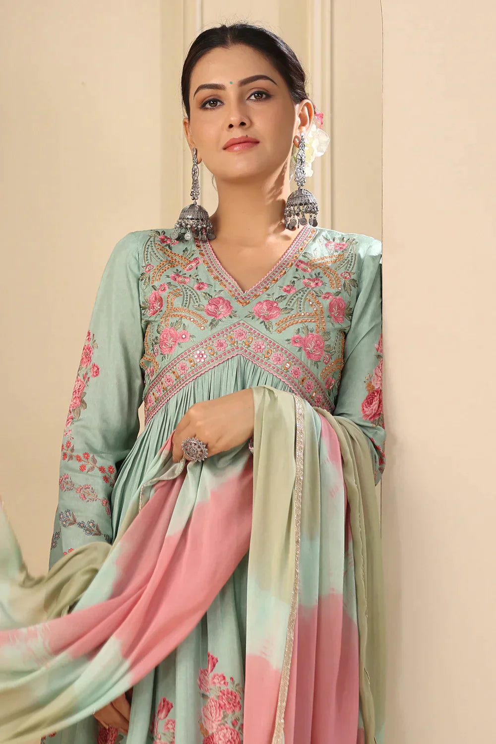 Sage Green Embroidered Floral Printed Muslin Anrkali Suit Set with Dupatta