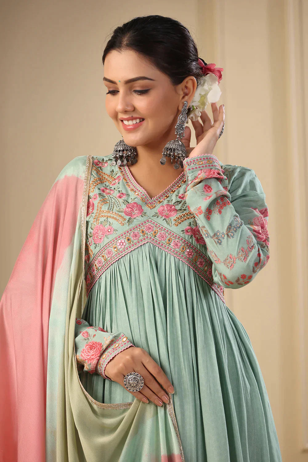 Sage Green Embroidered Floral Printed Muslin Anrkali Suit Set with Dupatta