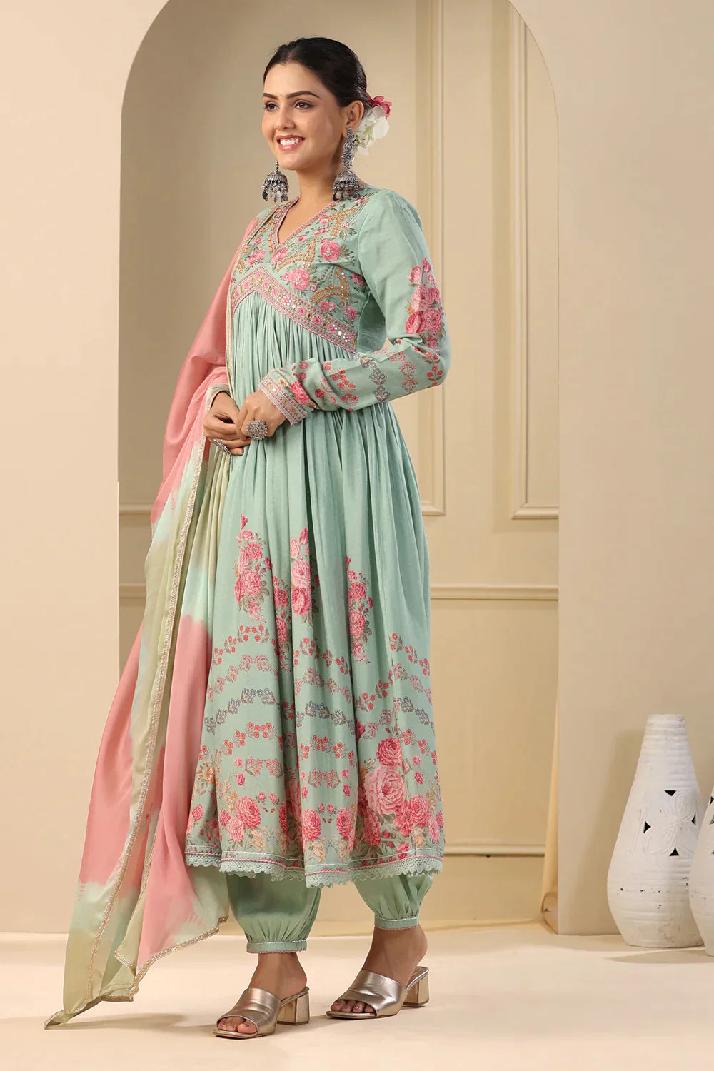 Sage Green Embroidered Floral Printed Muslin Anrkali Suit Set with Dupatta