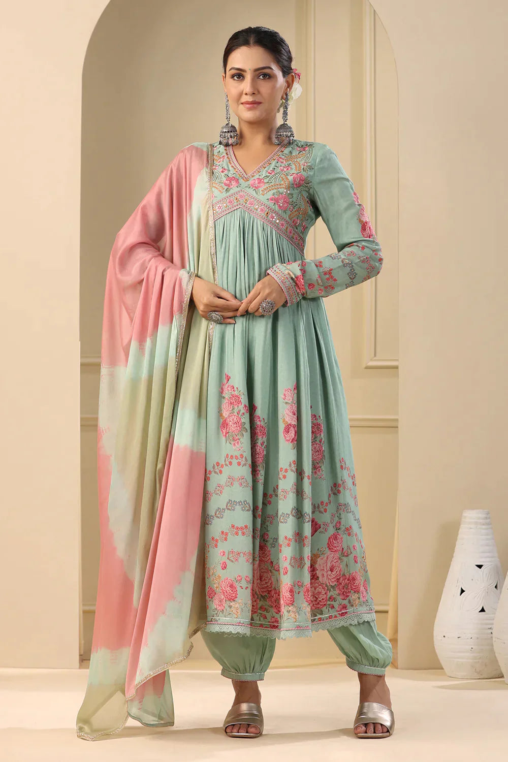 Sage Green Embroidered Floral Printed Muslin Anrkali Suit Set with Dupatta