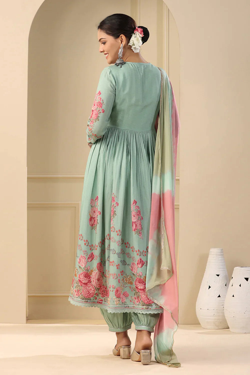 Sage Green Embroidered Floral Printed Muslin Anrkali Suit Set with Dupatta