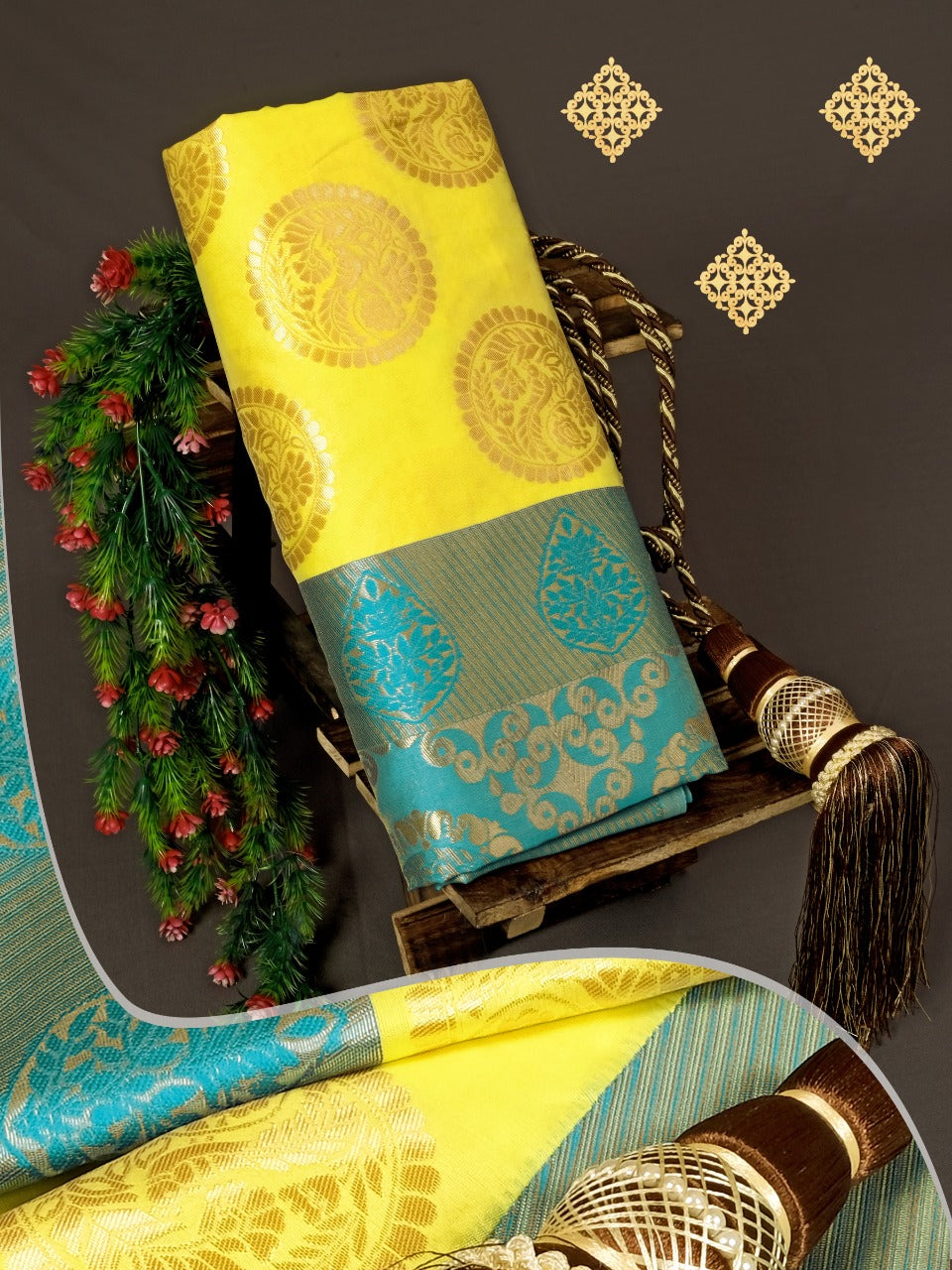 Yellow and Teal Silk Saree with Woven Motifs