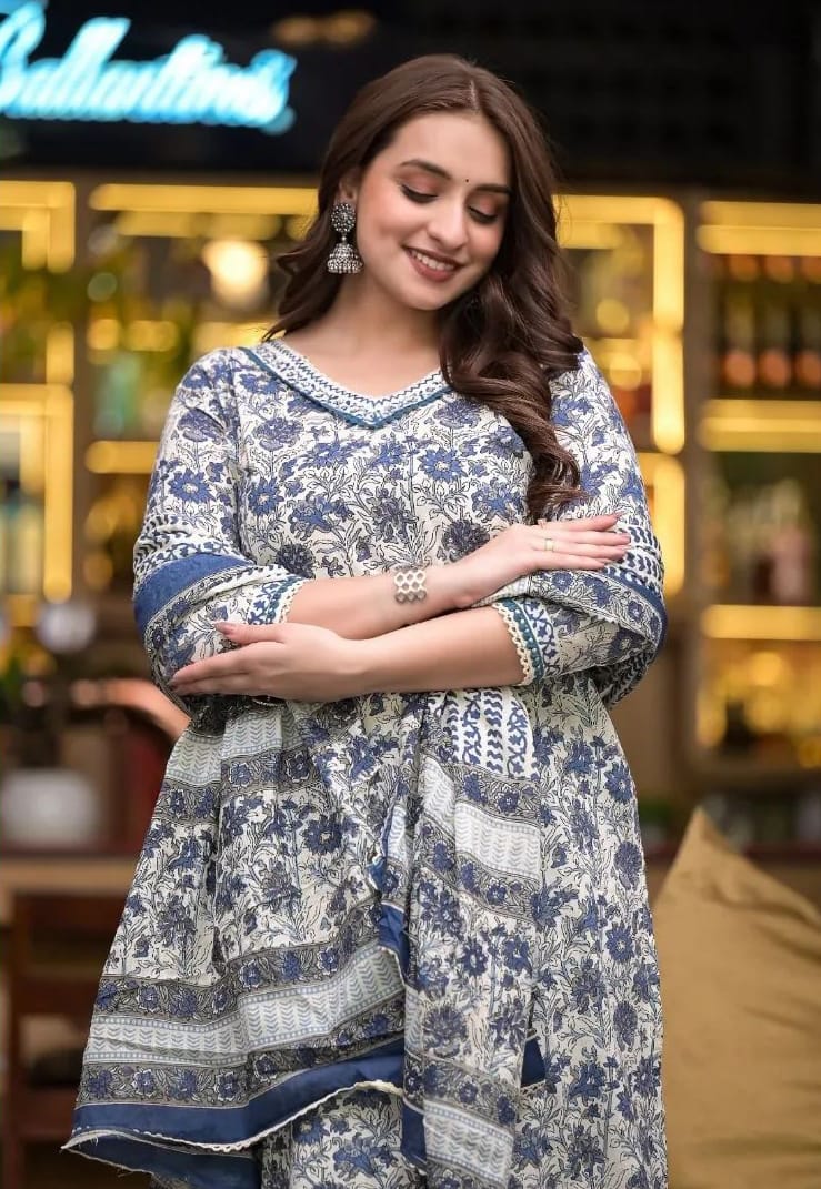 Floral Printed Kurta and Afghani Pant Set With Dupatta