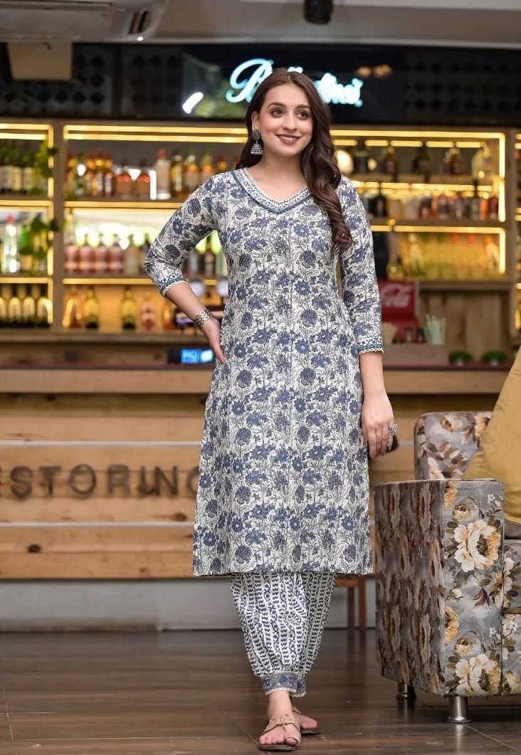 Floral Printed Kurta and Afghani Pant Set With Dupatta