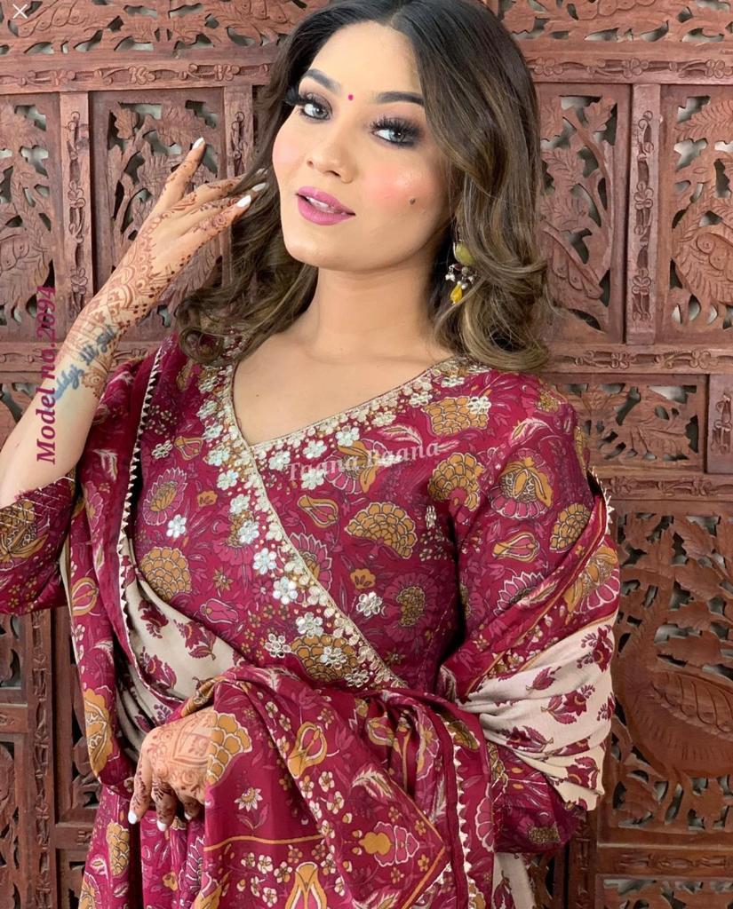 Floral Printed Anarkali Women Kurta Pant Set with Dupatta