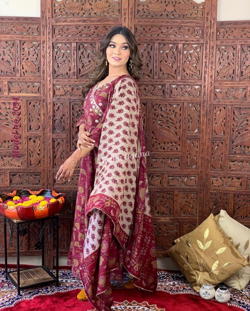 Floral Printed Anarkali Women Kurta Pant Set with Dupatta