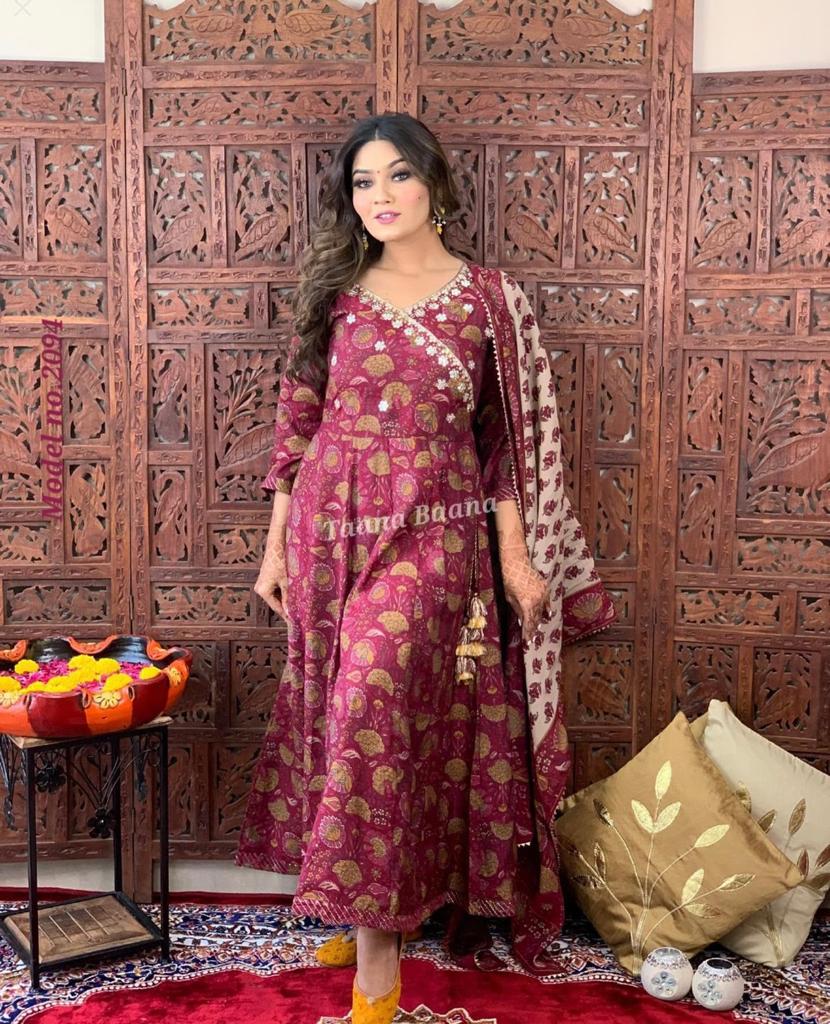 Floral Printed Anarkali Women Kurta Pant Set with Dupatta