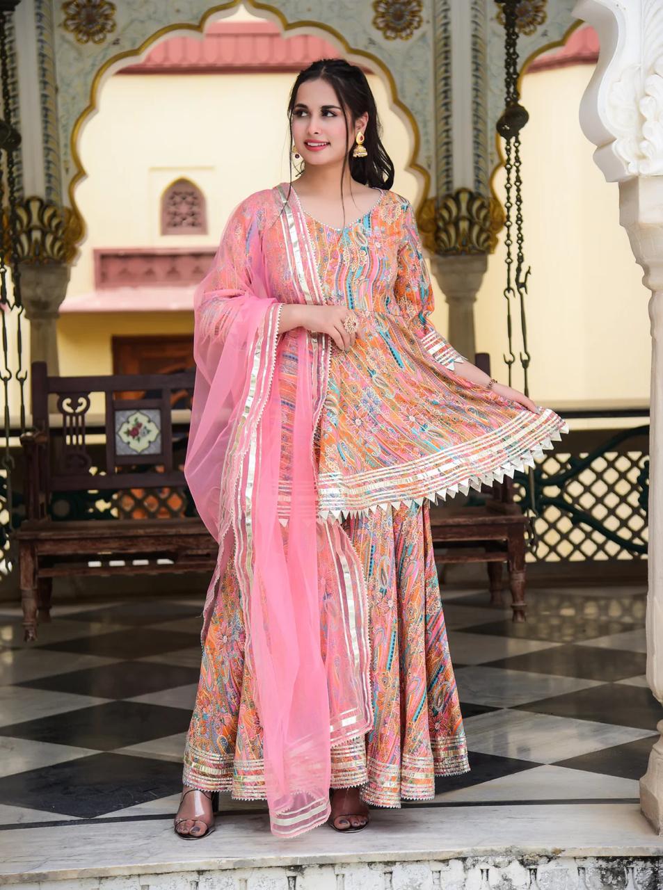 Peachy Pink Gota Work Suit Set with Dupatta