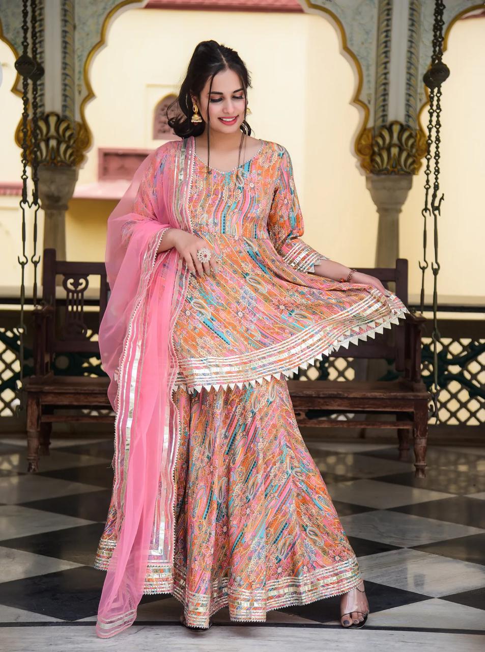 Peachy Pink Gota Work Suit Set with Dupatta