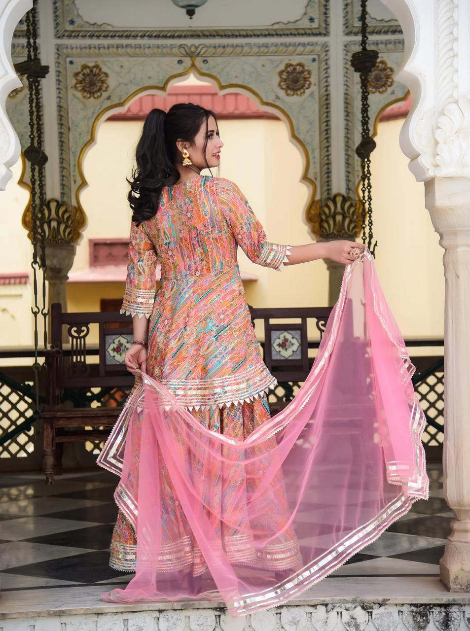 Peachy Pink Gota Work Suit Set with Dupatta