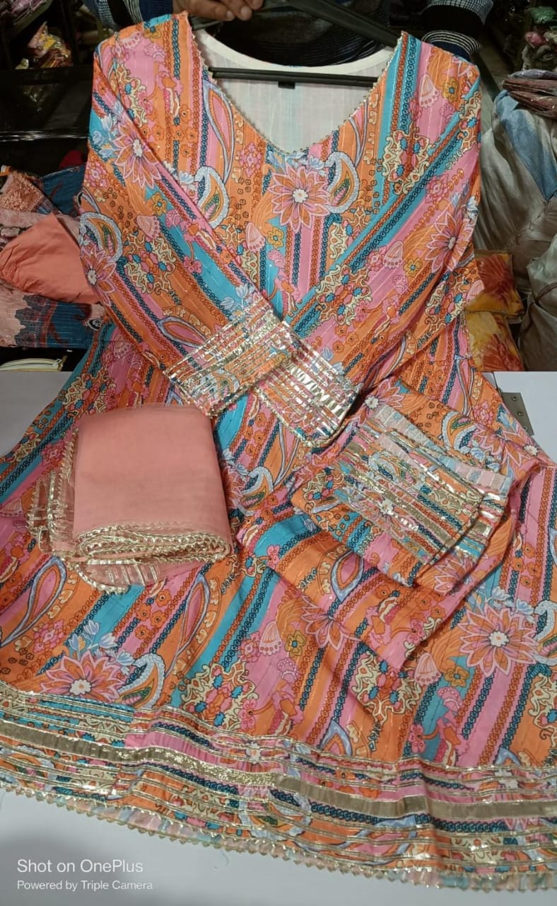 Peachy Pink Gota Work Suit Set with Dupatta