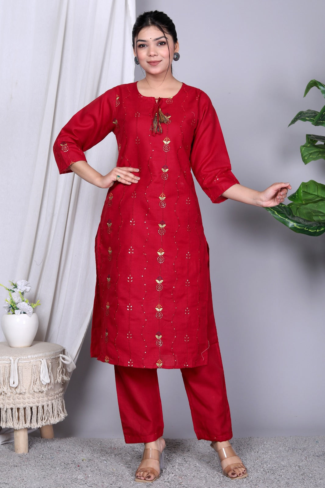 Red Embroidered Kurta and Pant Set with Embroidered Organza Dupatta