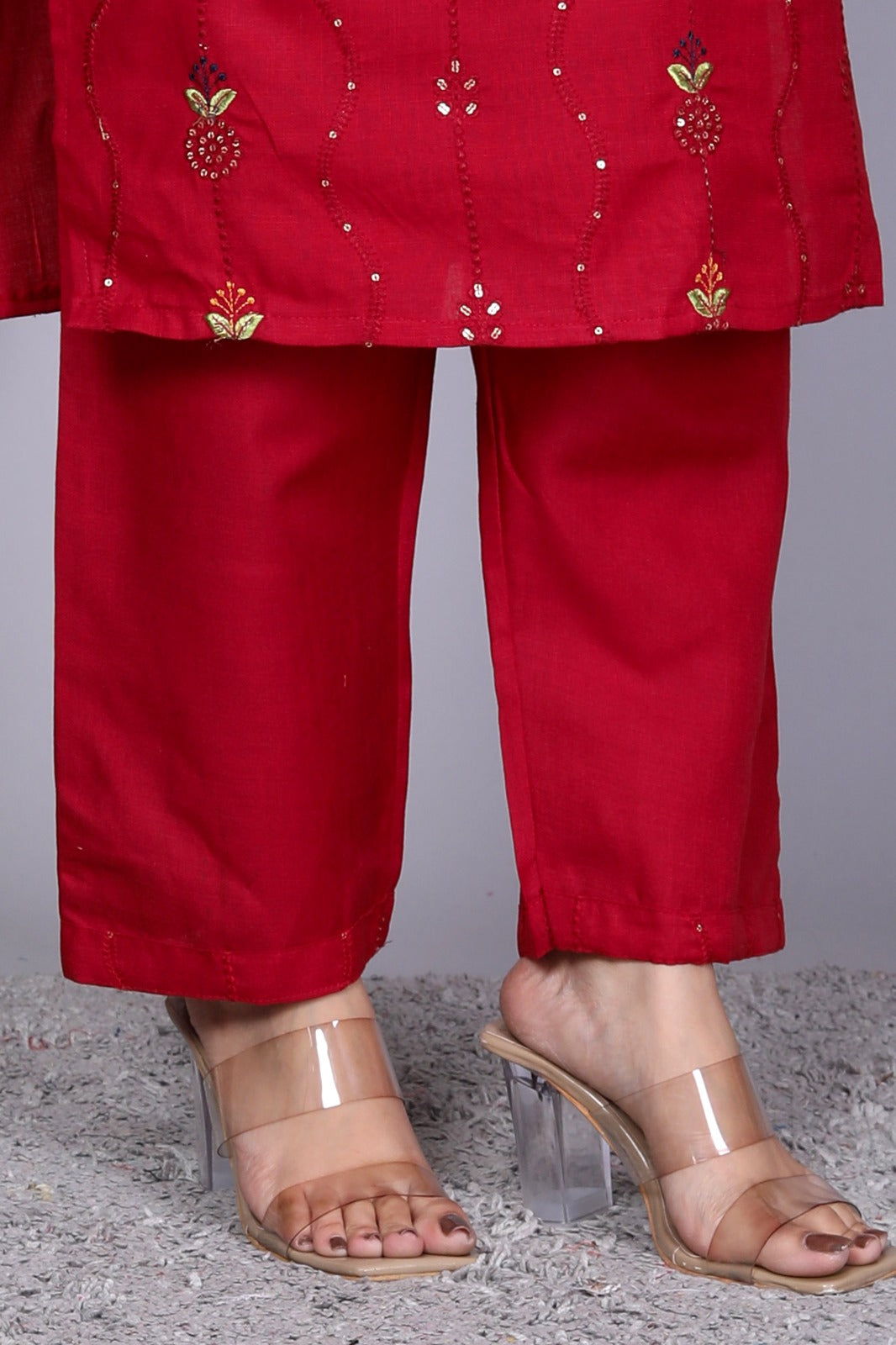 Red Embroidered Kurta and Pant Set with Embroidered Organza Dupatta