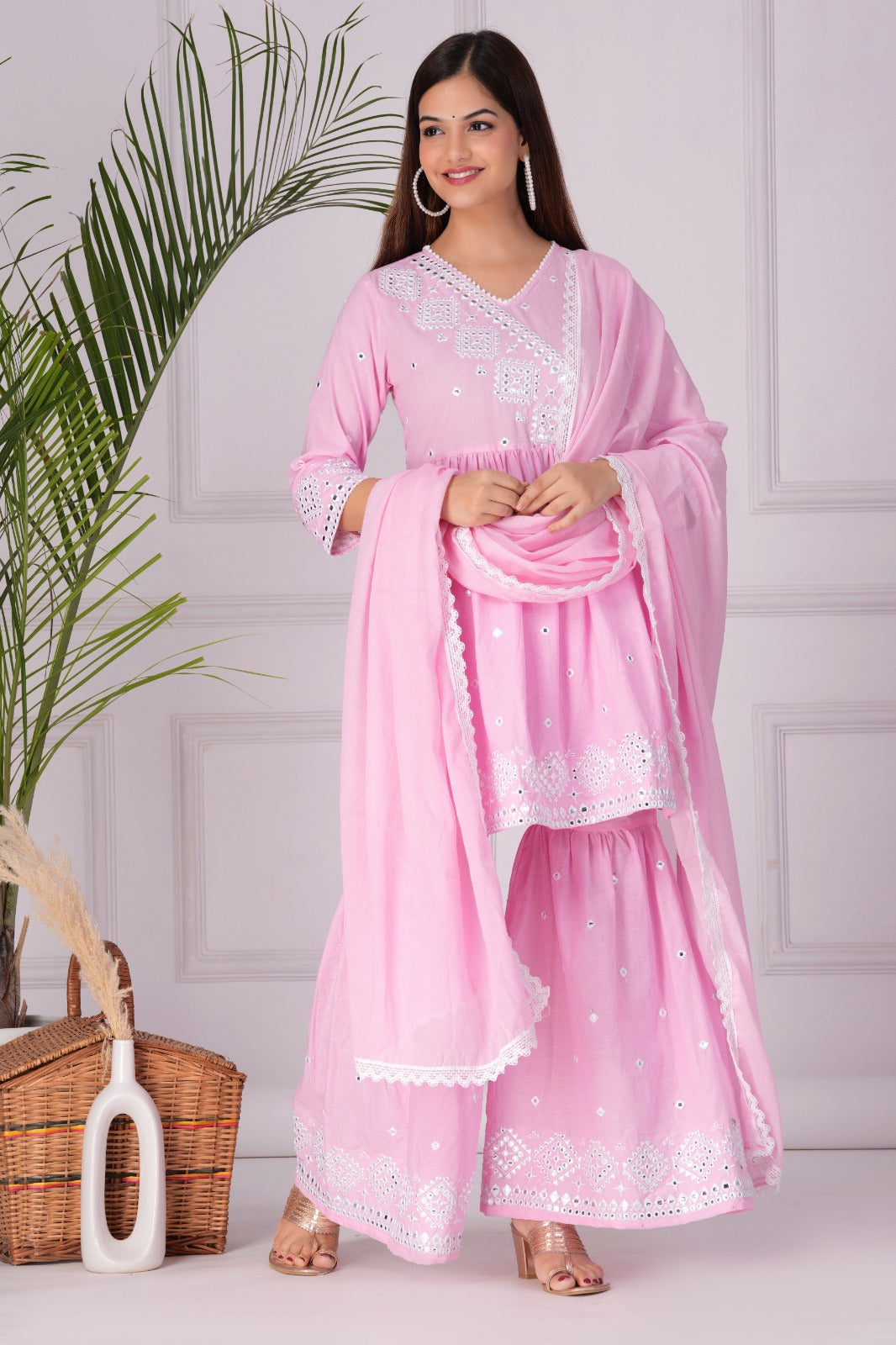 Pink Embroidered Kurta Sharara Set with Dupatta
