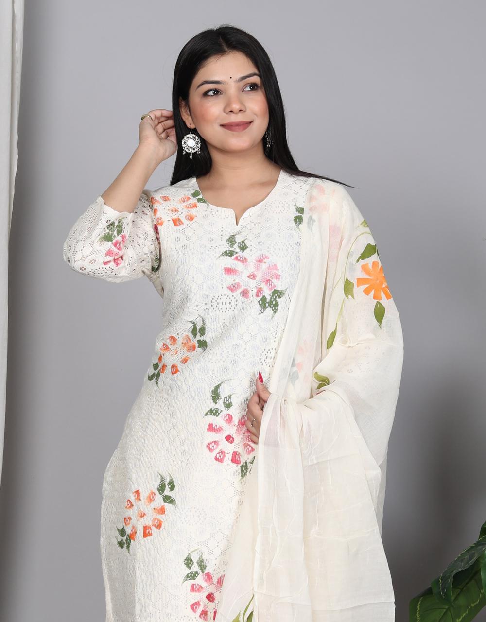 White Rock Cotton Crosia Net Brush Printed Suit Set with Mulmul Dupatta