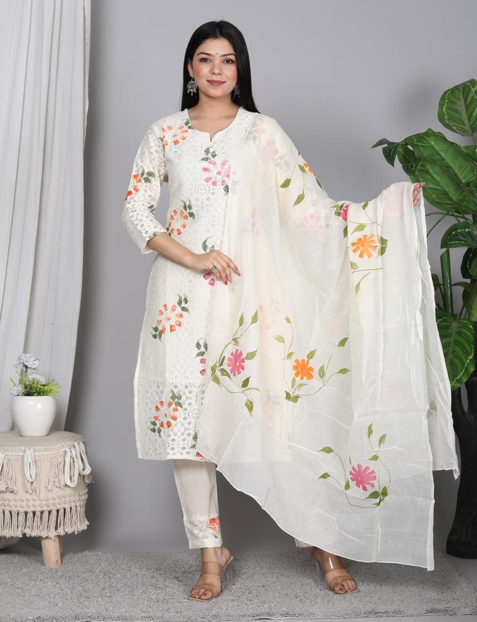 White Rock Cotton Crosia Net Brush Printed Suit Set with Mulmul Dupatta
