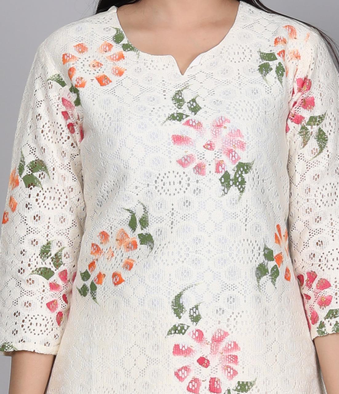 White Rock Cotton Crosia Net Brush Printed Suit Set with Mulmul Dupatta