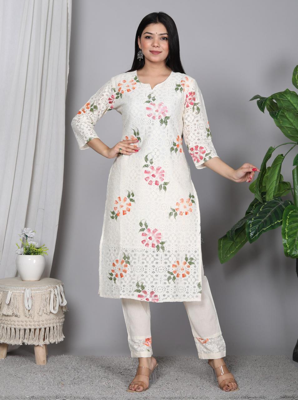 White Rock Cotton Crosia Net Brush Printed Suit Set with Mulmul Dupatta