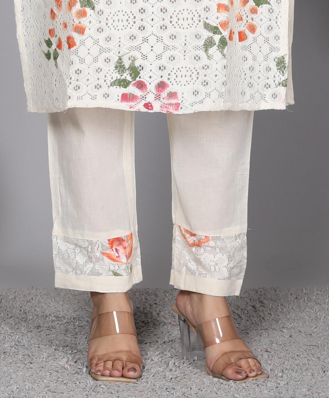 White Rock Cotton Crosia Net Brush Printed Suit Set with Mulmul Dupatta
